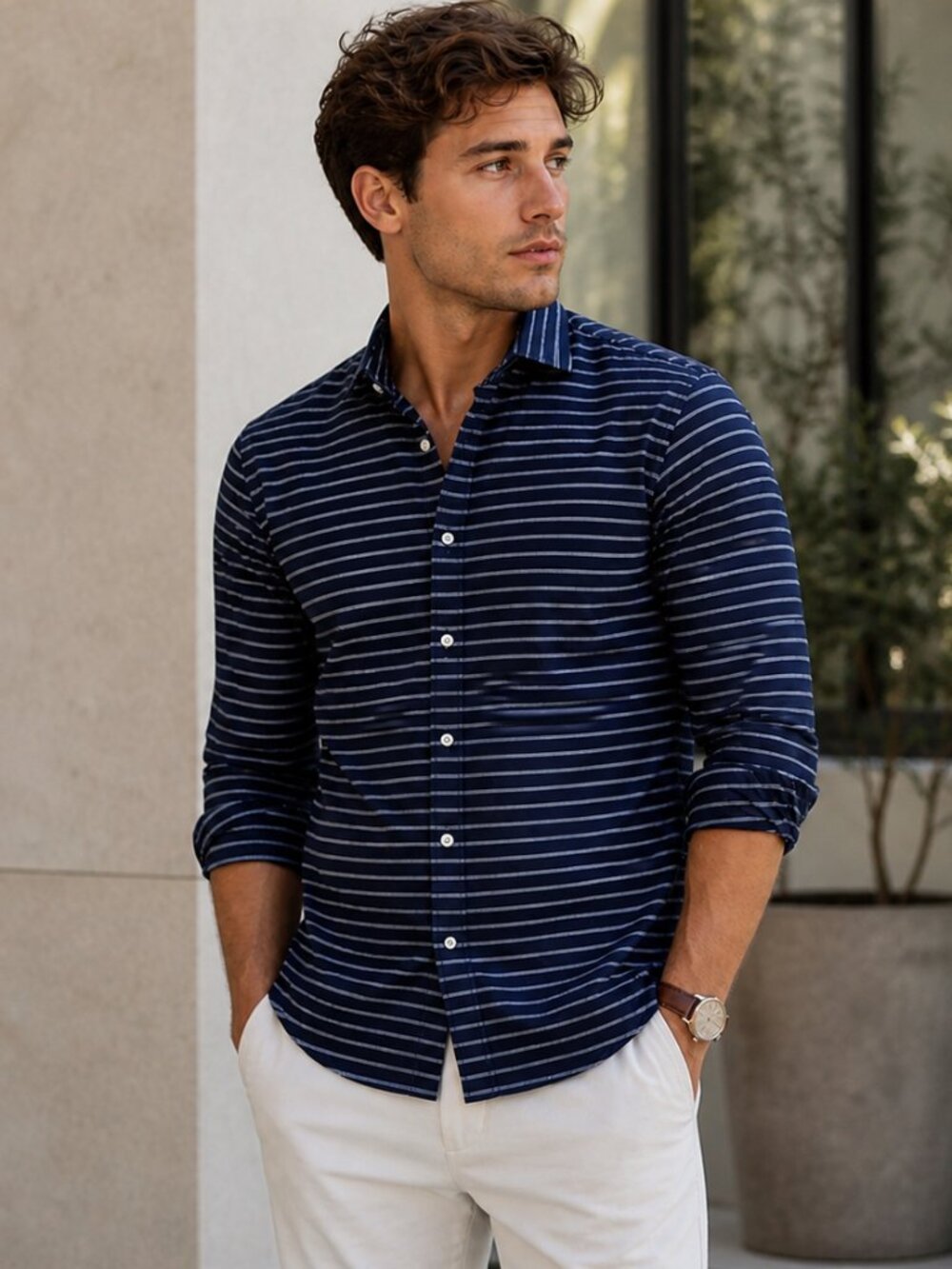 BANANA REPUBLIC Slim Fit Button Down Shirt S Non Iron Tailored Navy White Stripe